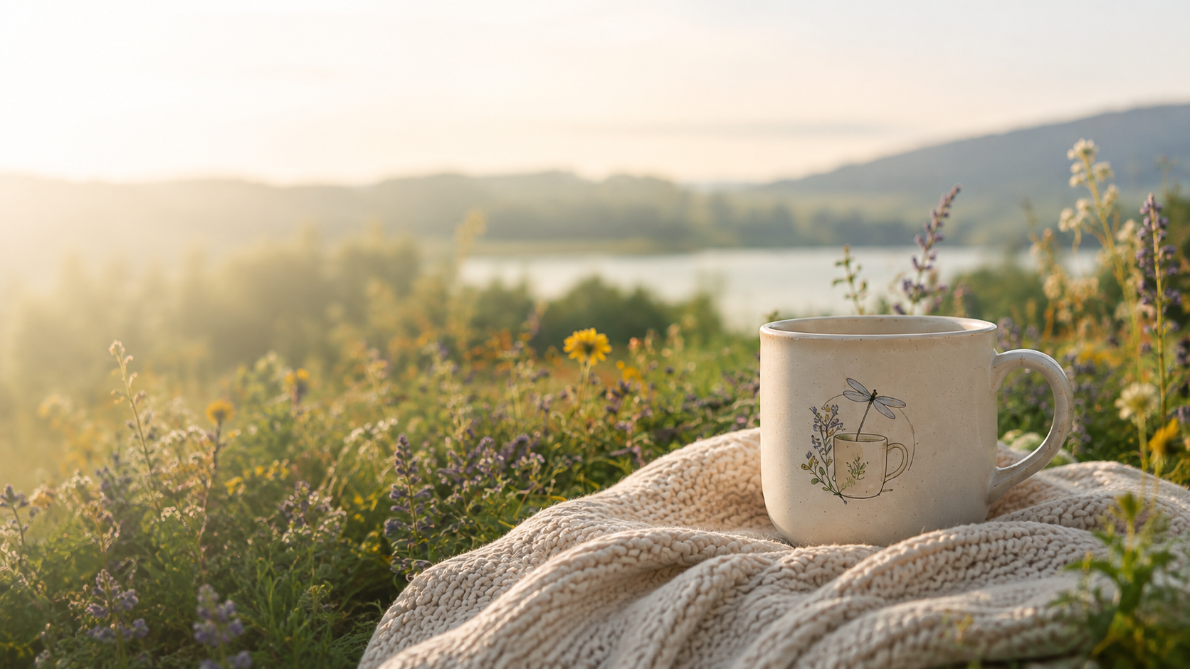 Mug on a knitted blanket in a sunlit wildflower meadow